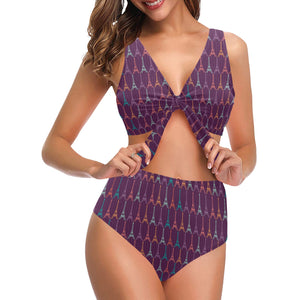 Eiffel Tower Pattern Print Design 05 Chest Bowknot High Waisted Bikini Swimsuit