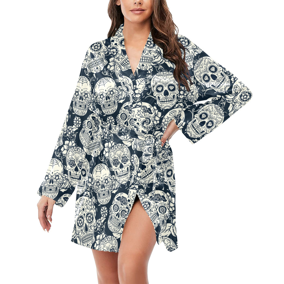Sugar skull black white pattern Women's Long Sleeve Belted Night Robe