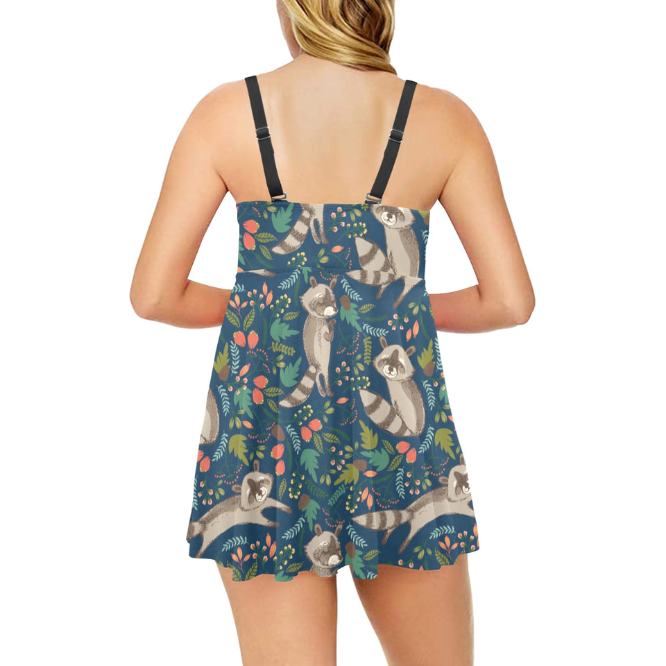 Raccoon tropical leaves pattern Chest Sexy Pleated Two Piece Swim Dress