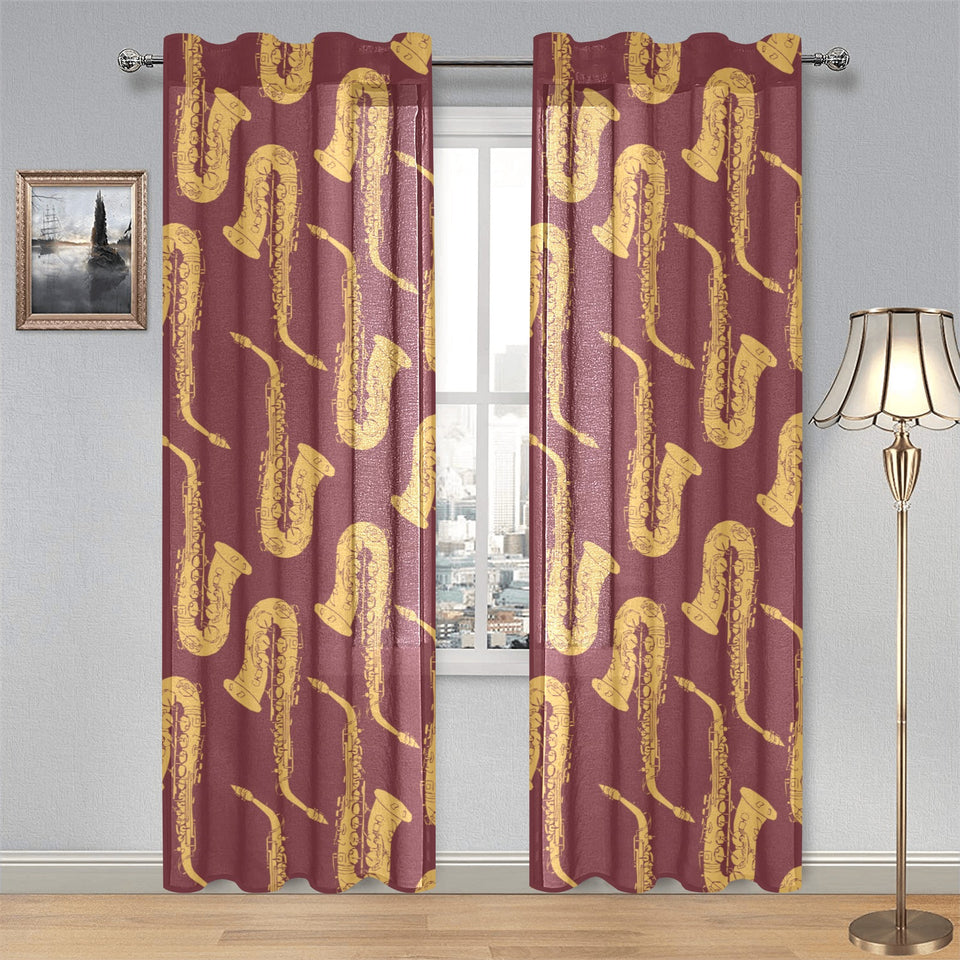 Hand drawn gold saxophone red background Gauze Curtain