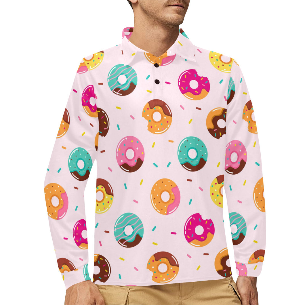 Donut pattern glaze pink background Men's Long Sleeve Polo Shirt