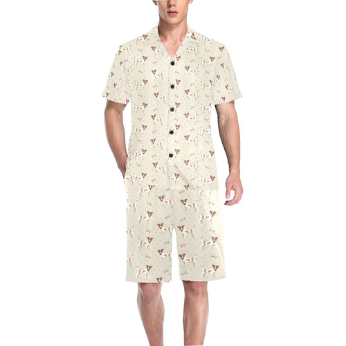 Jack Russel Pattern Print Design 02 Men's V-Neck Short Pajama Set