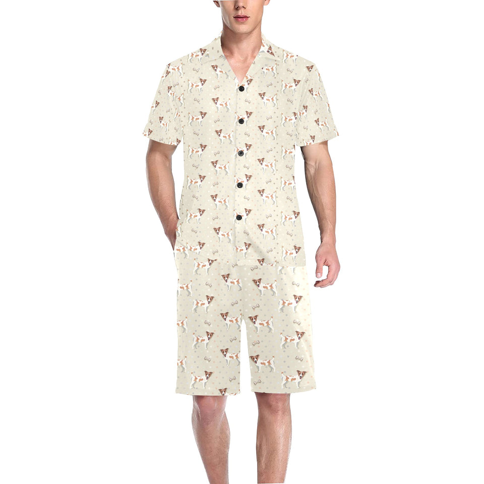 Jack Russel Pattern Print Design 02 Men's V-Neck Short Pajama Set