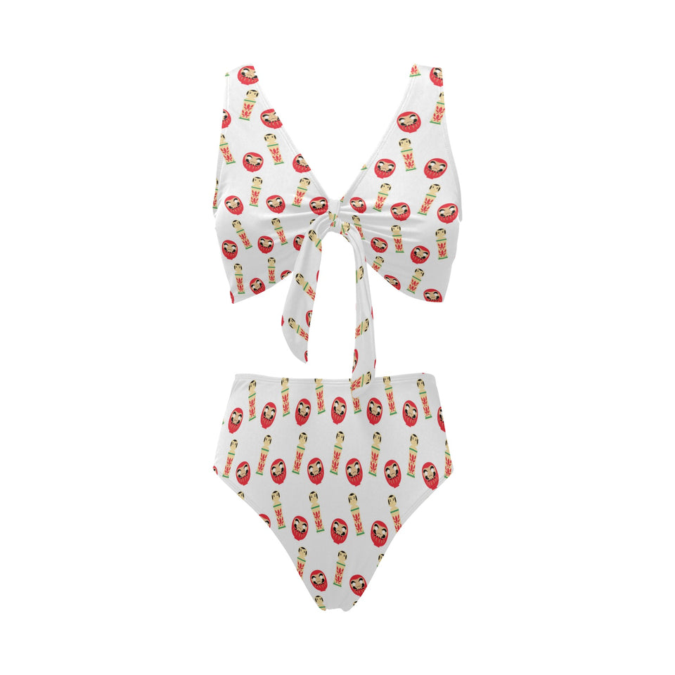 Daruma japanese wooden doll Chest Bowknot High Waisted Bikini Swimsuit
