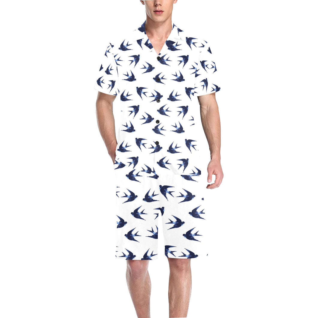 Swallow Pattern Print Design 03 Men's V-Neck Short Pajama Set