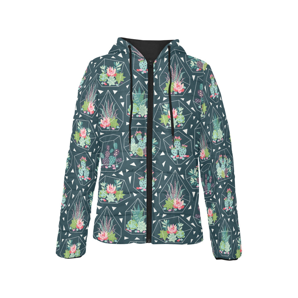 Cactus glass terrarium pattern Women's Padded Hooded Jacket