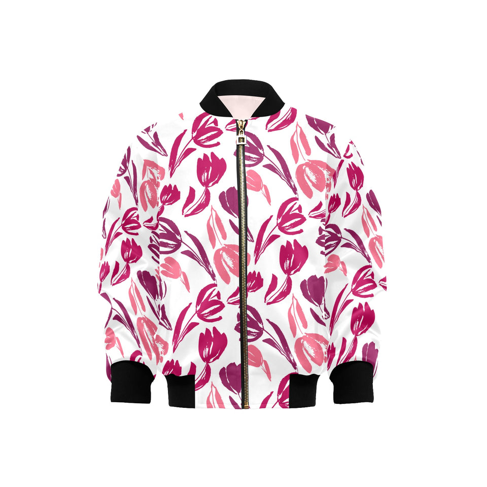 pink sketch tulip pattern Kids' Boys' Girls' Bomber Jacket