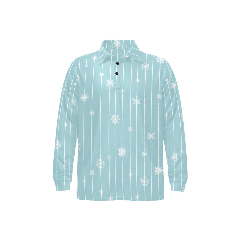 Snowflake pattern blue stripe background Men's Long Sleeve Polo Shirt