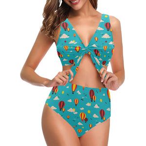 Hot Air Balloon Sky Pattern Chest Bowknot High Waisted Bikini Swimsuit