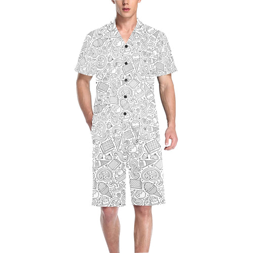 Cartoon hand drawn ice cream black white Men's V-Neck Short Pajama Set