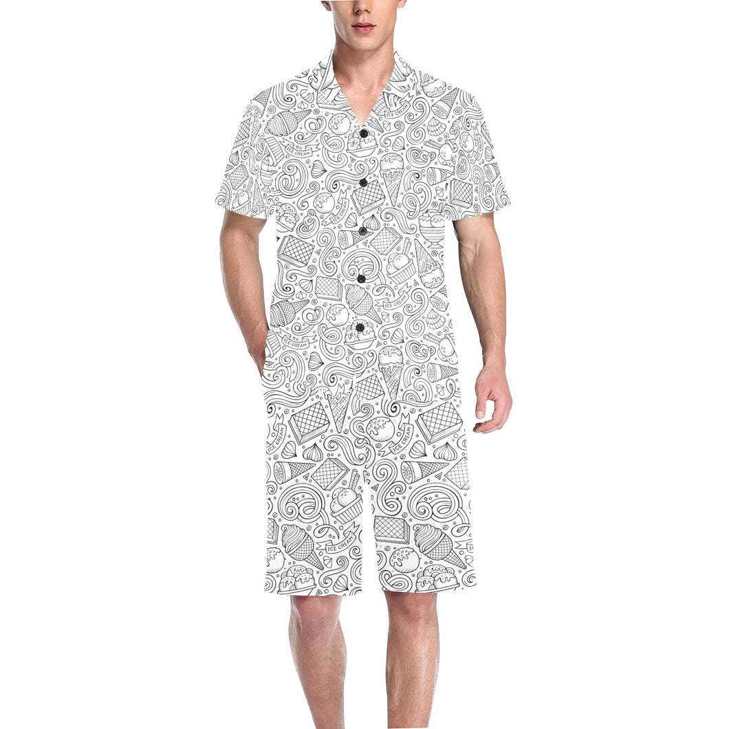Cartoon hand drawn ice cream black white Men's V-Neck Short Pajama Set