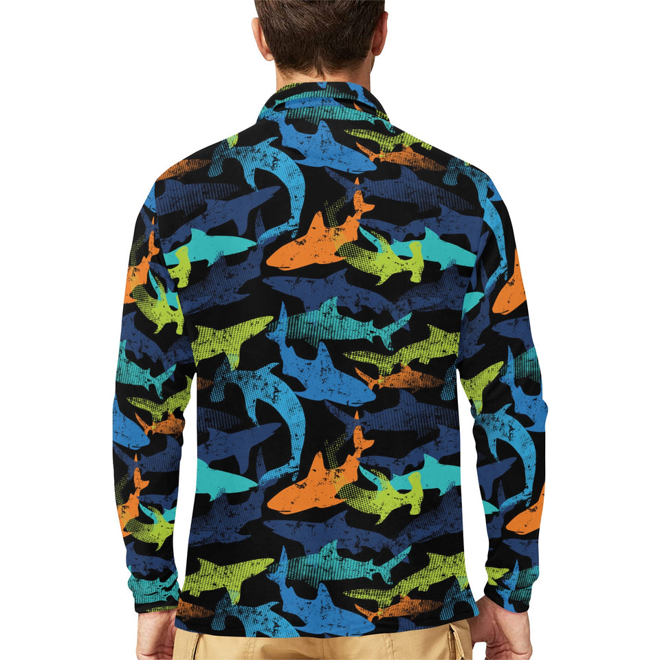 Colorful shark Men's Long Sleeve Polo Shirt
