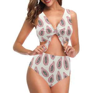 papaya pattern Chest Bowknot High Waisted Bikini Swimsuit