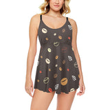 Coffee bean leave pattern Chest Sexy Pleated Two Piece Swim Dress