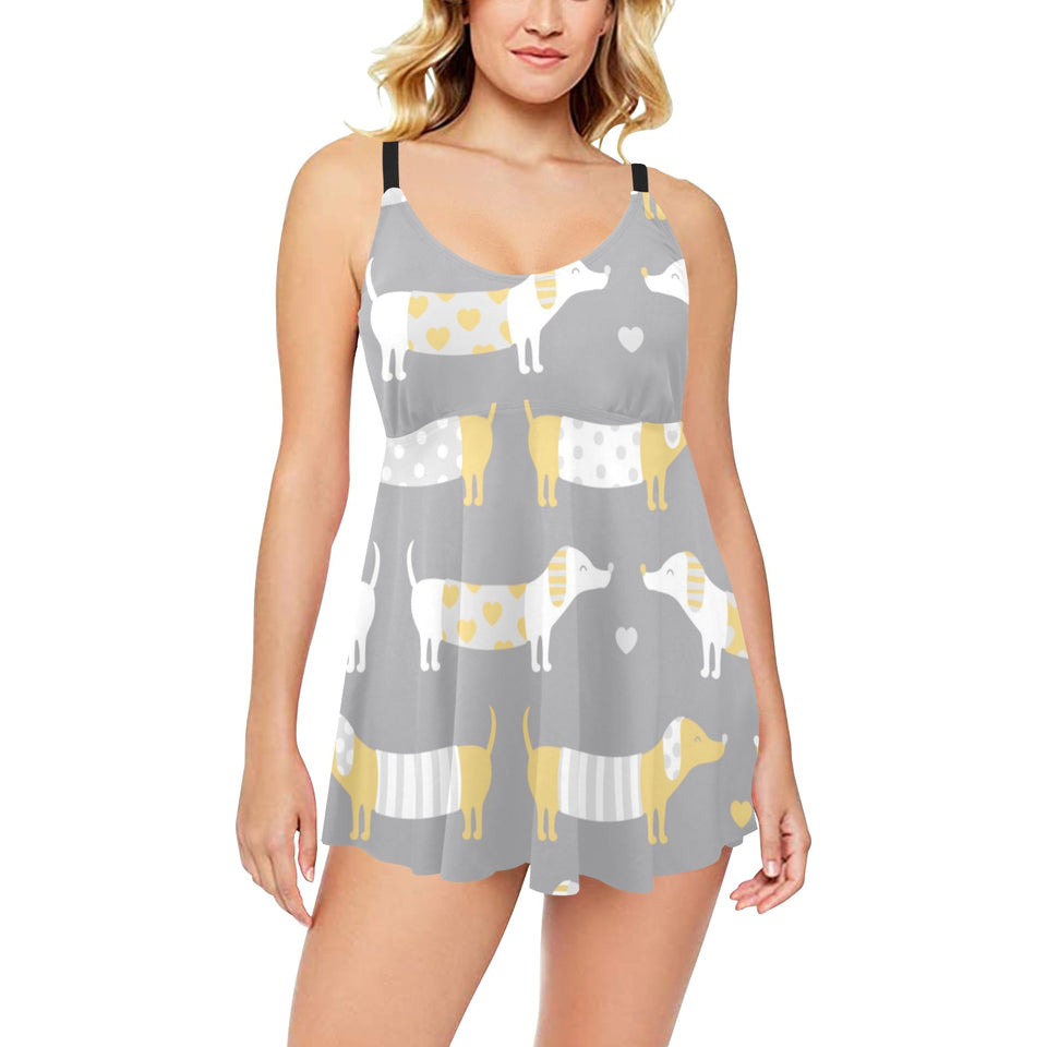 Cute dachshund dog pattern Chest Sexy Pleated Two Piece Swim Dress