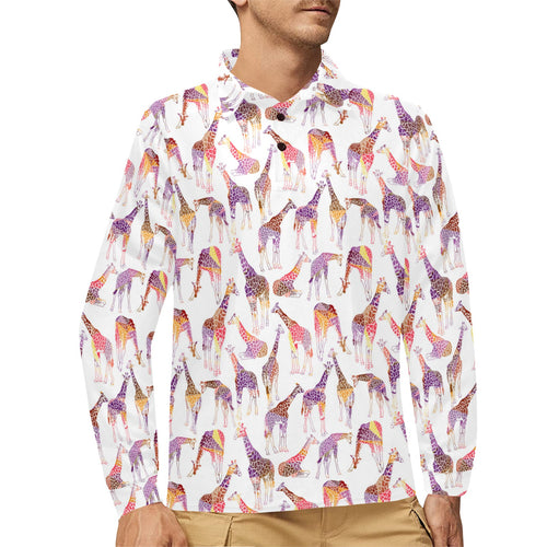 Giraffe Pattern Print Design 02 Men's Long Sleeve Polo Shirt