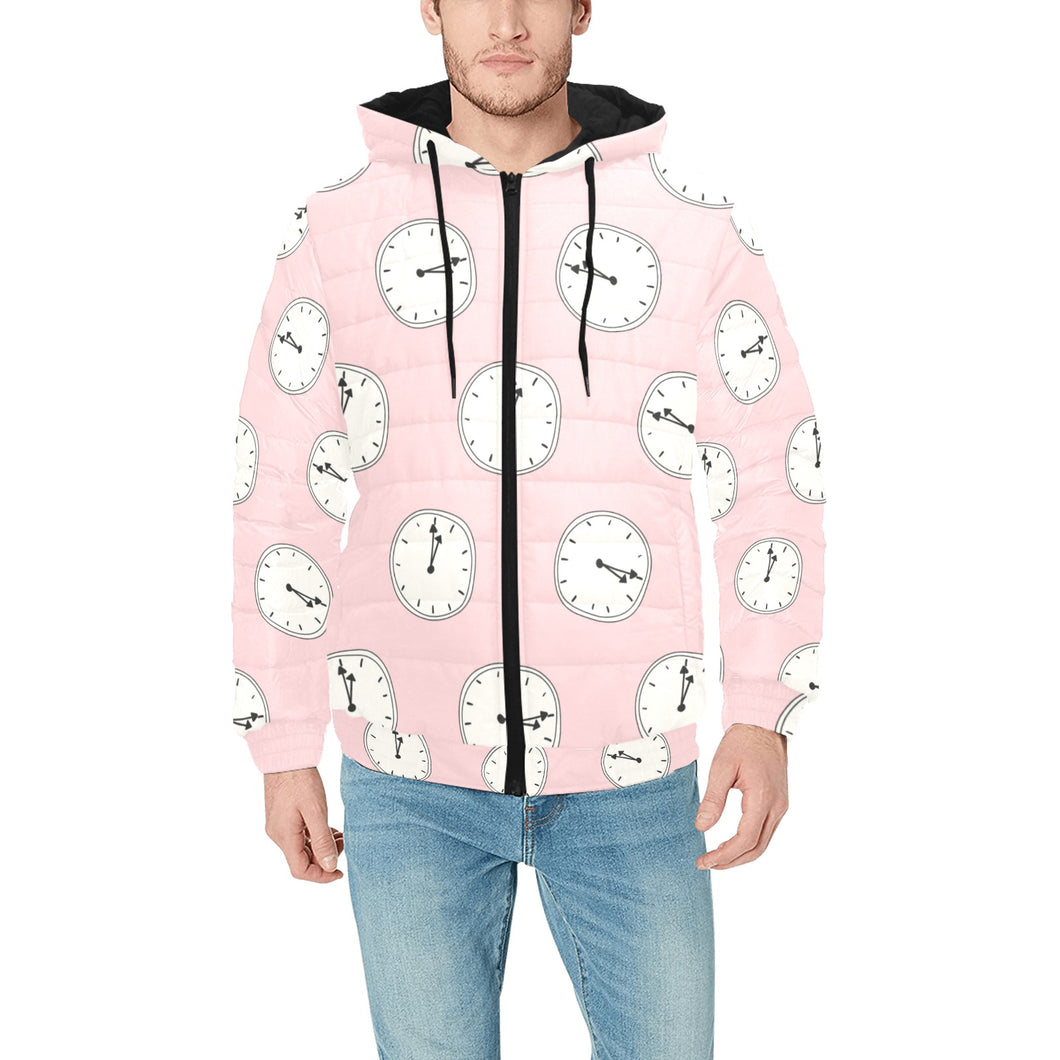 Clock pattern pink blackground Men's Padded Hooded Jacket