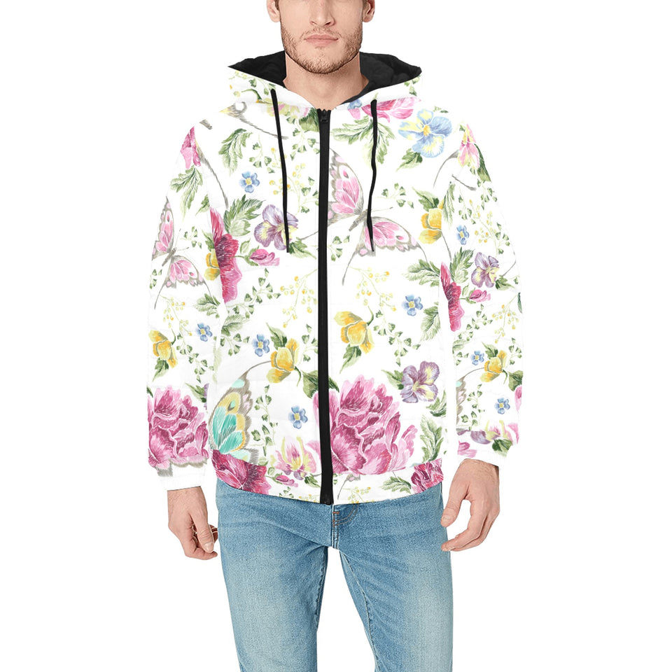 Hand drawn butterfly rose Men's Padded Hooded Jacket