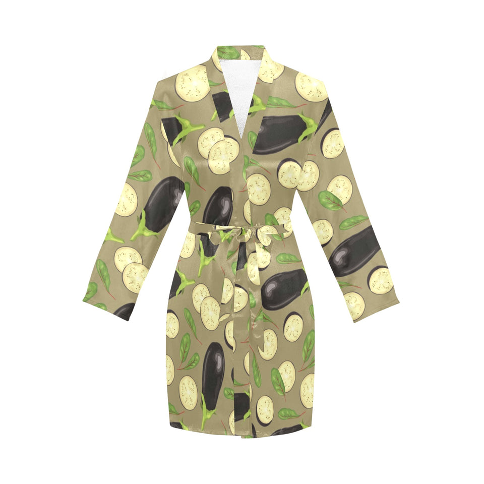 Eggplant Pattern Print Design 02 Women's Long Sleeve Belted Night Robe