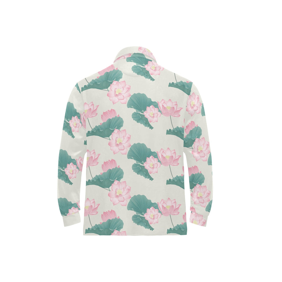 Pink lotus waterlily leaves pattern Men's Long Sleeve Polo Shirt