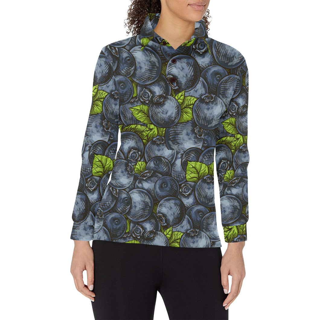 blueberry pattern Women's Long Sleeve Polo Shirt