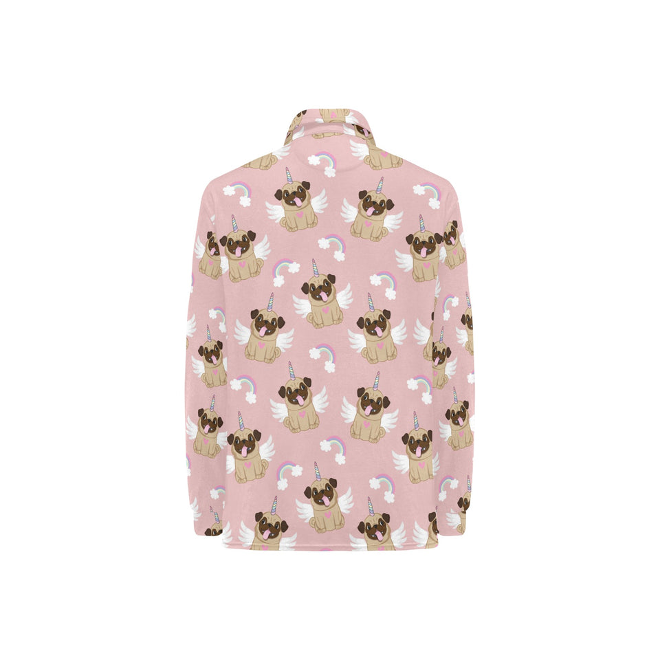 Cute unicorn pug pattern Women's Long Sleeve Polo Shirt