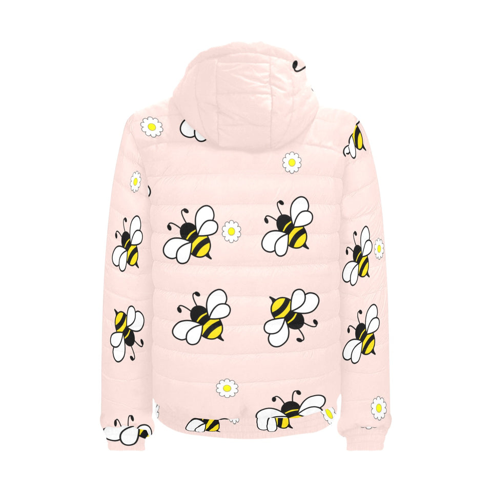 Cute bee flower pattern pink background Men's Padded Hooded Jacket