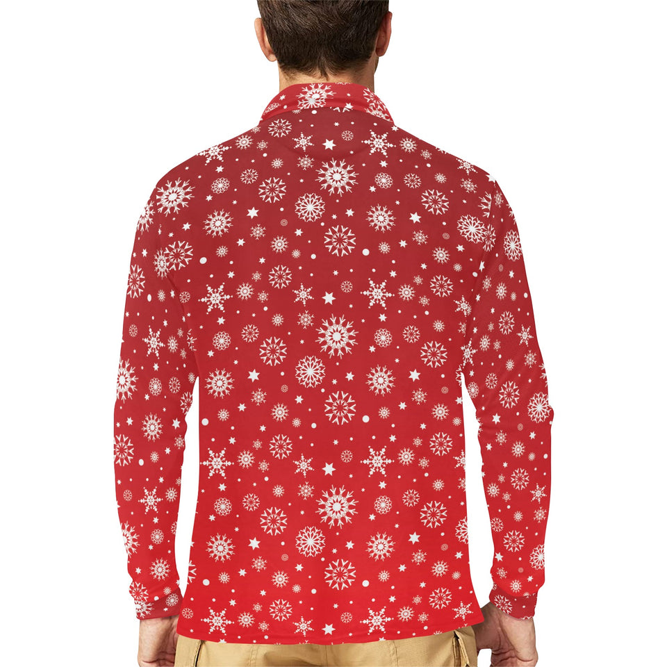 Snowflake pattern red background Men's Long Sleeve Polo Shirt