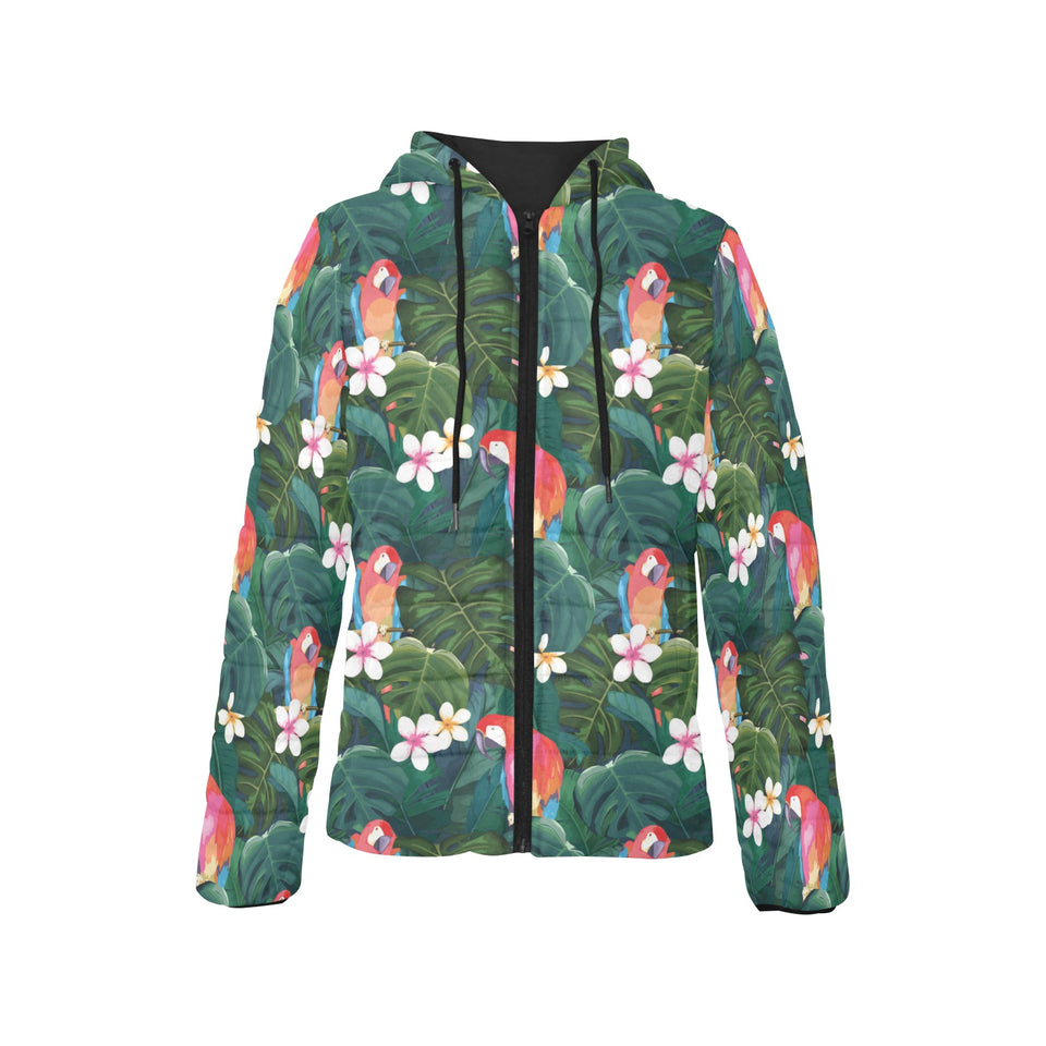 Parrot Palm tree leaves flower hibiscus pattern Women's Padded Hooded Jacket