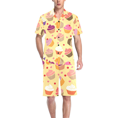 cake cupcake heart cherry pattern Men's V-Neck Short Pajama Set