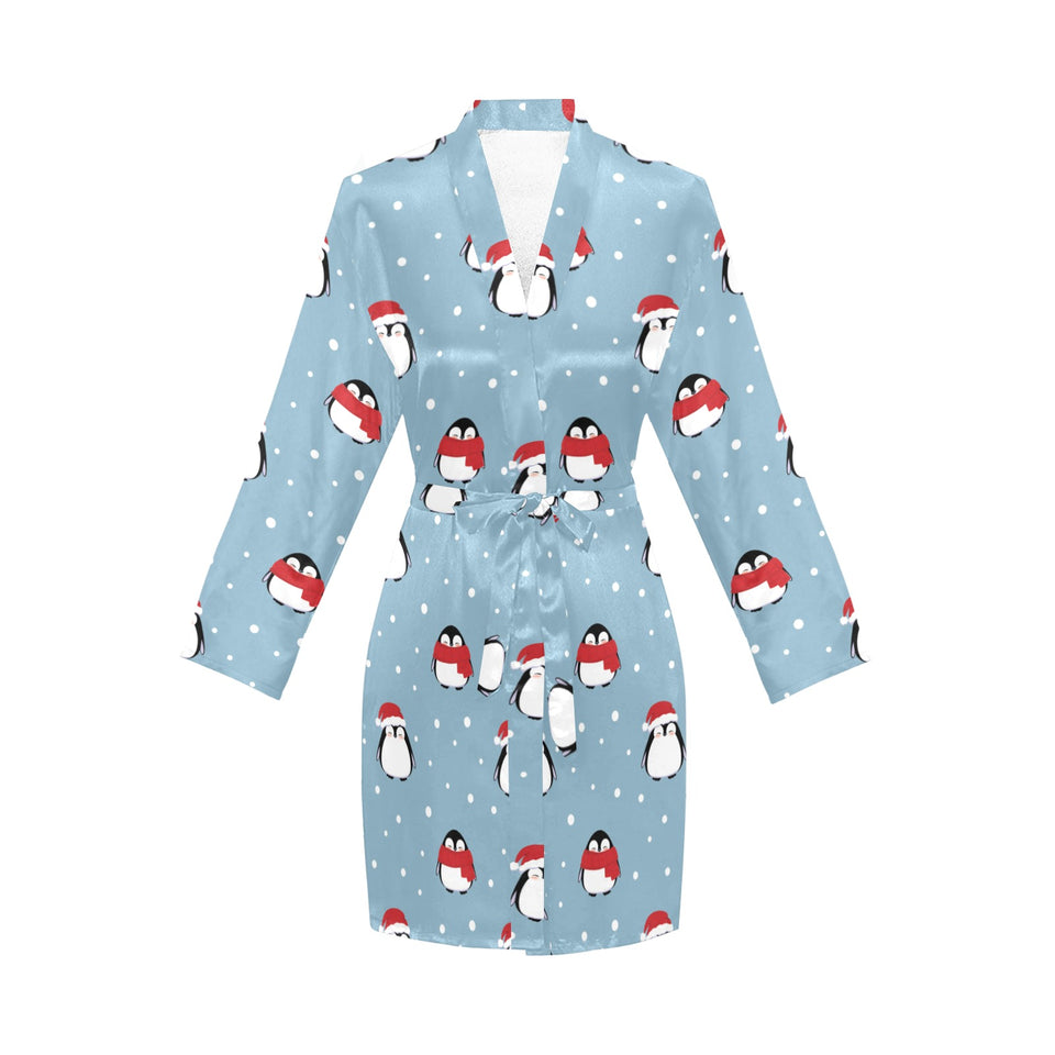 Cute penguin christmas snow pattern Women's Long Sleeve Belted Night Robe