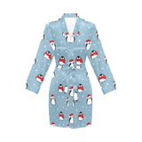 Cute penguin christmas snow pattern Women's Long Sleeve Belted Night Robe