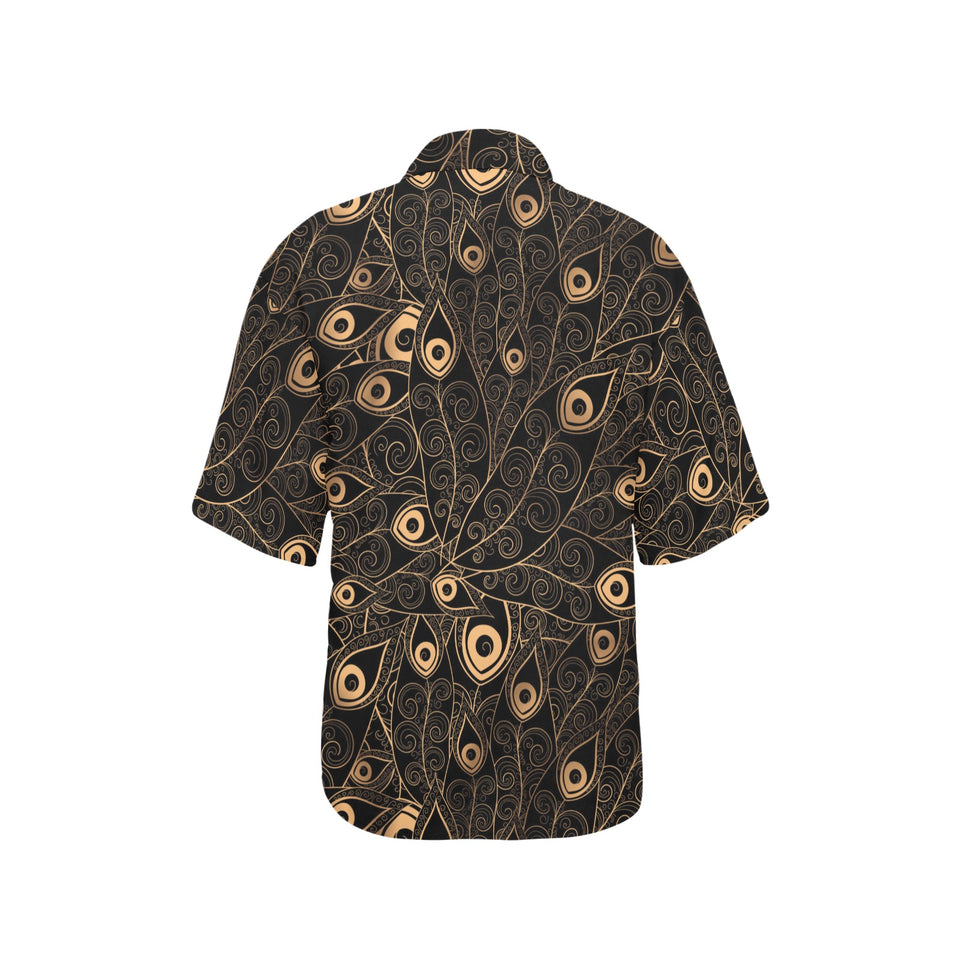 Gold peacock feather pattern Women's All Over Print Hawaiian Shirt