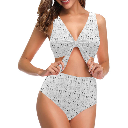 Bull Terrier Pattern Print Design 02 Chest Bowknot High Waisted Bikini Swimsuit