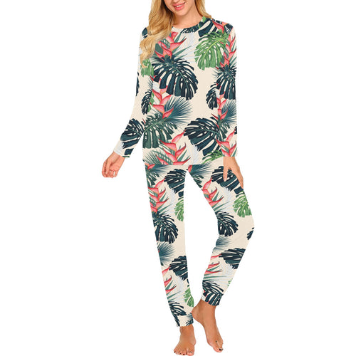 heliconia flowers, palm and monstera leaves Women's All Over Print Pajama Set