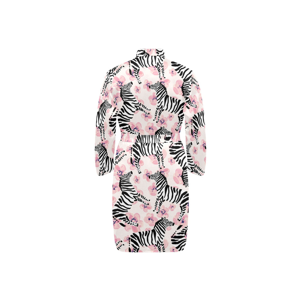 Zebra pink flower background Men's Long Sleeve Belted Night Robe