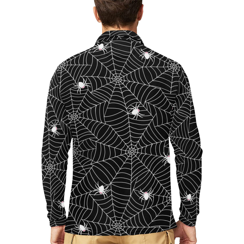 Spider web design pattern Black background white c Men's Long Sleeve Polo Shirt