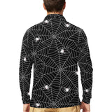 Spider web design pattern Black background white c Men's Long Sleeve Polo Shirt