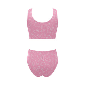 Sweet candy pink background Chest Bowknot High Waisted Bikini Swimsuit