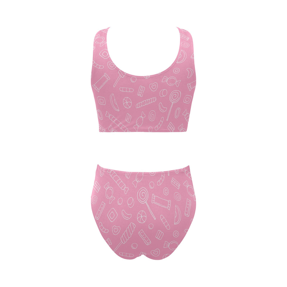Sweet candy pink background Chest Bowknot High Waisted Bikini Swimsuit