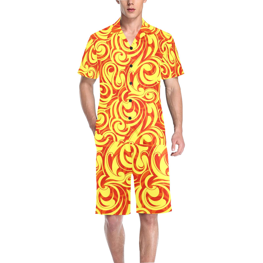 Fire flame design pattern Men's V-Neck Short Pajama Set