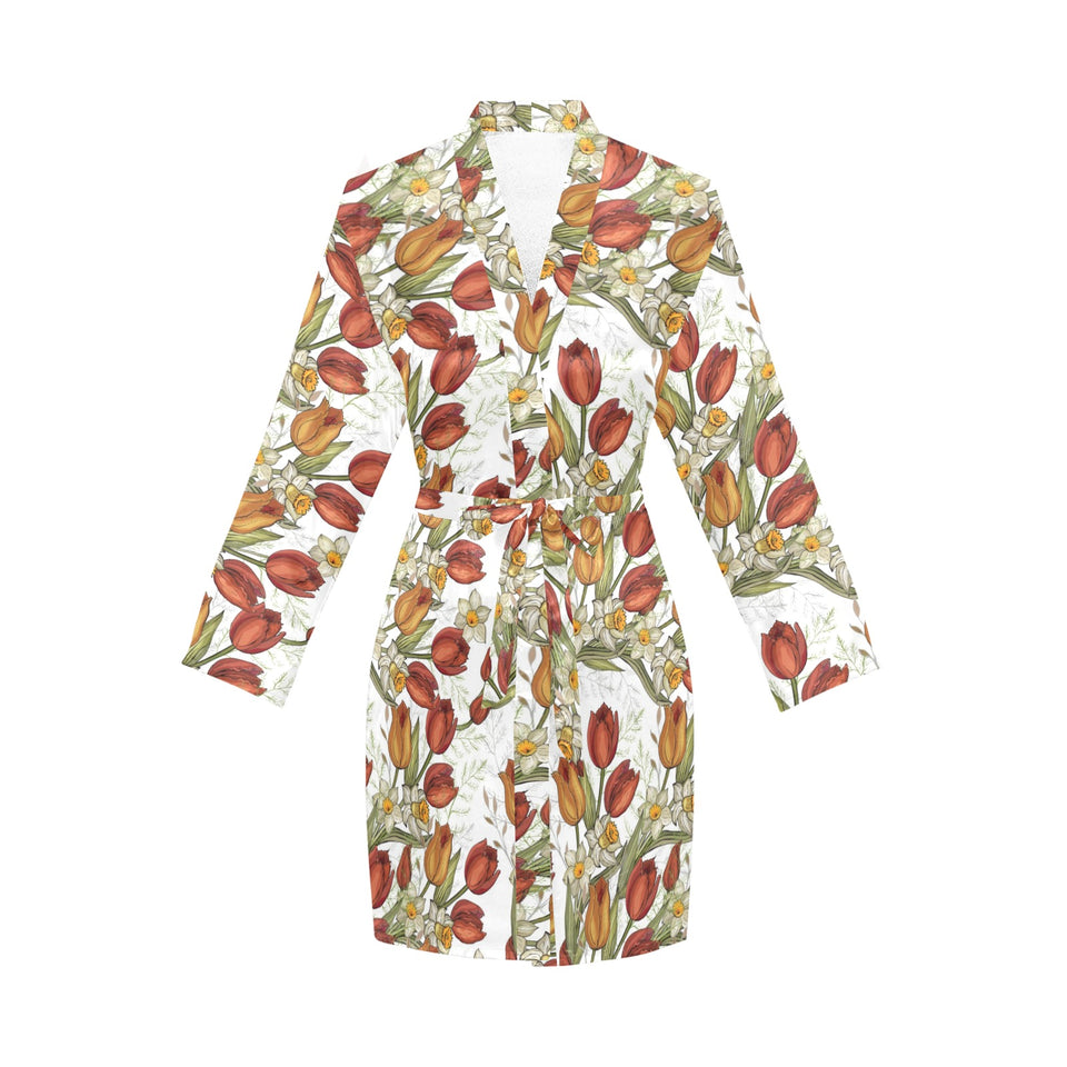 Red tulips and daffodils pattern Women's Long Sleeve Belted Night Robe