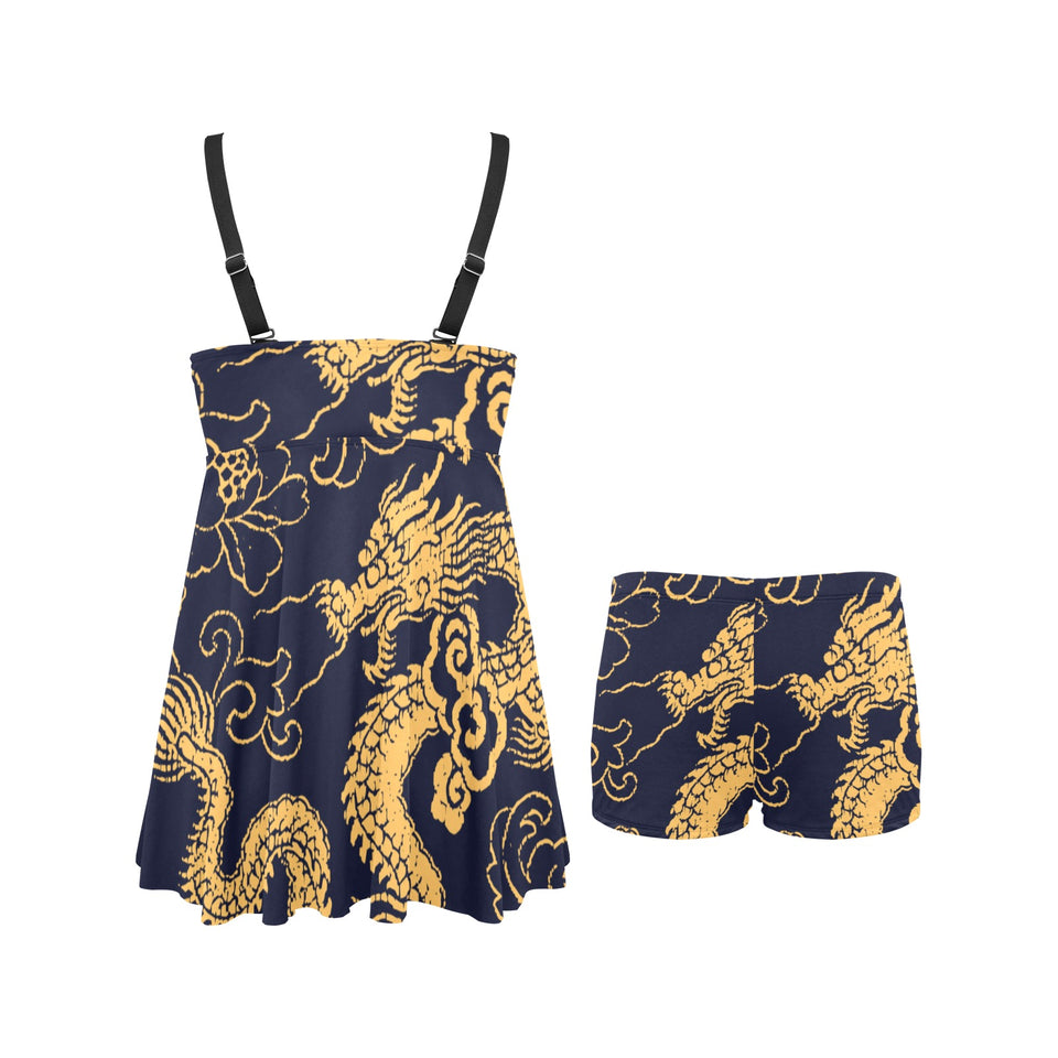 Gold dragon pattern Chest Sexy Pleated Two Piece Swim Dress