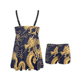 Gold dragon pattern Chest Sexy Pleated Two Piece Swim Dress