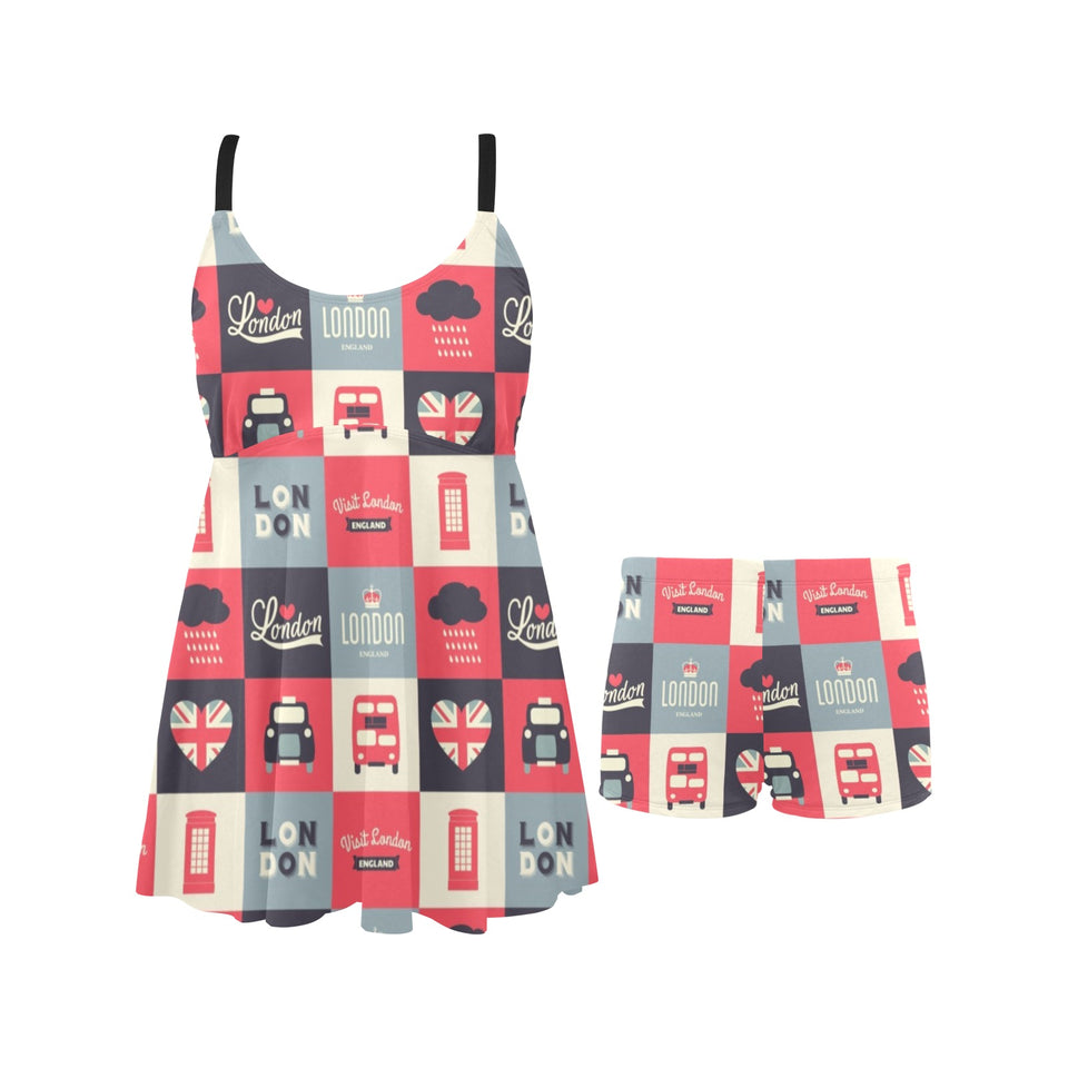 British Pattern Print Design 05 Chest Sexy Pleated Two Piece Swim Dress