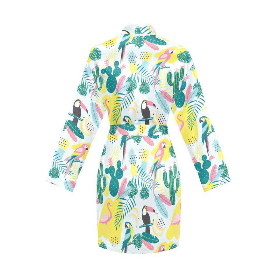Cute parrot toucan flamingo cactus exotic leaves p Women's Long Sleeve Belted Night Robe
