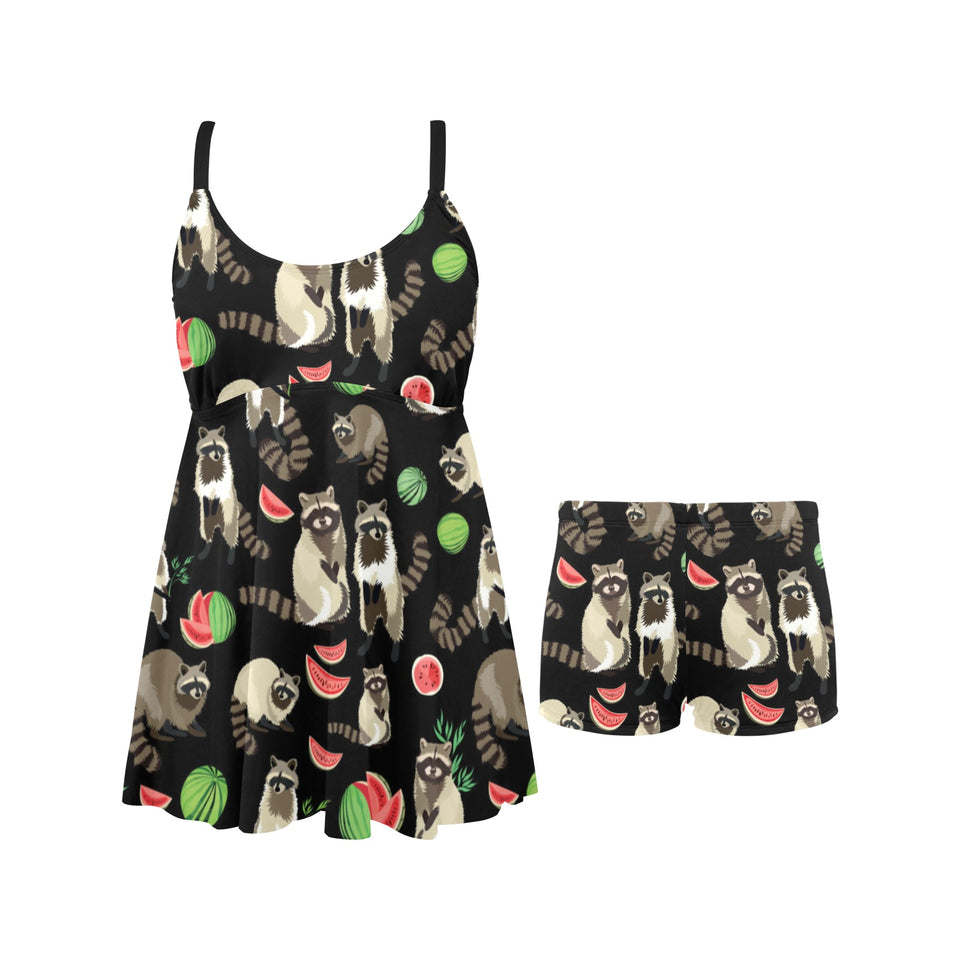 Raccoon watermelon pattern Chest Sexy Pleated Two Piece Swim Dress