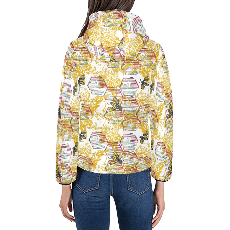 Cool Bee honeycomb leaves pattern Women's Padded Hooded Jacket