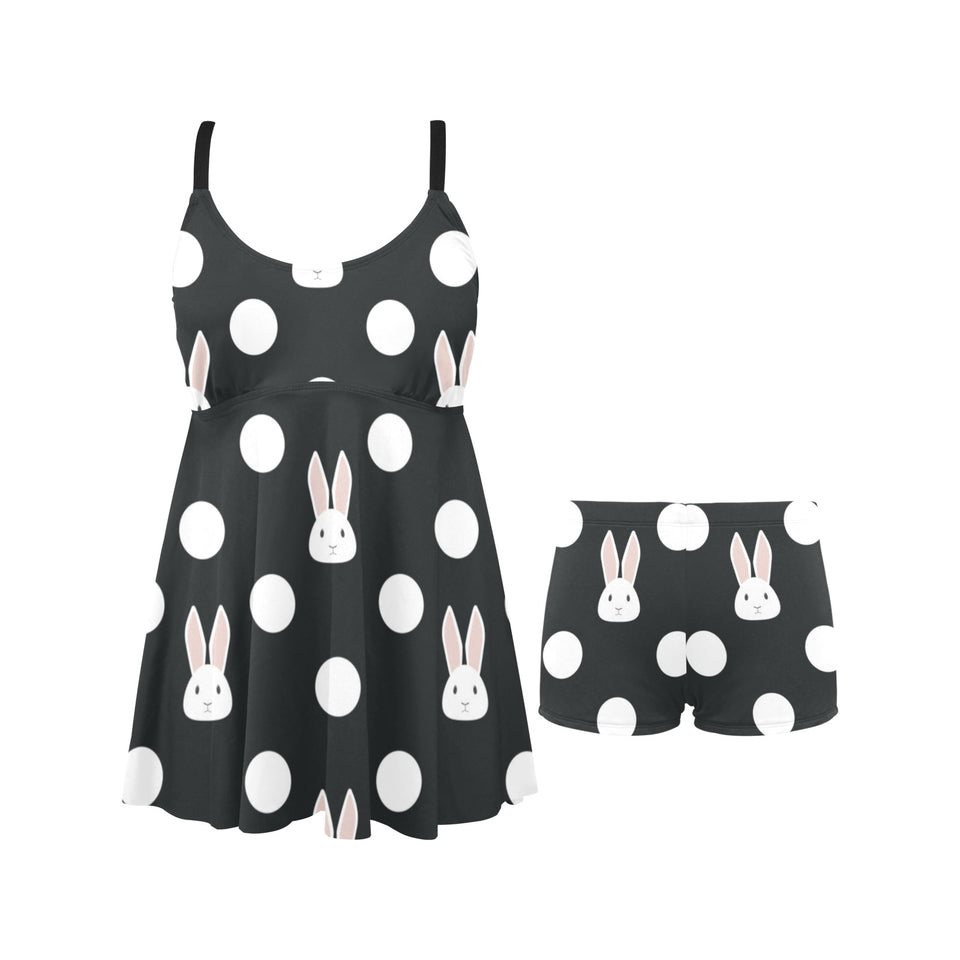 Cute white rabbit polka dots black background Chest Sexy Pleated Two Piece Swim Dress