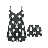 Cute white rabbit polka dots black background Chest Sexy Pleated Two Piece Swim Dress